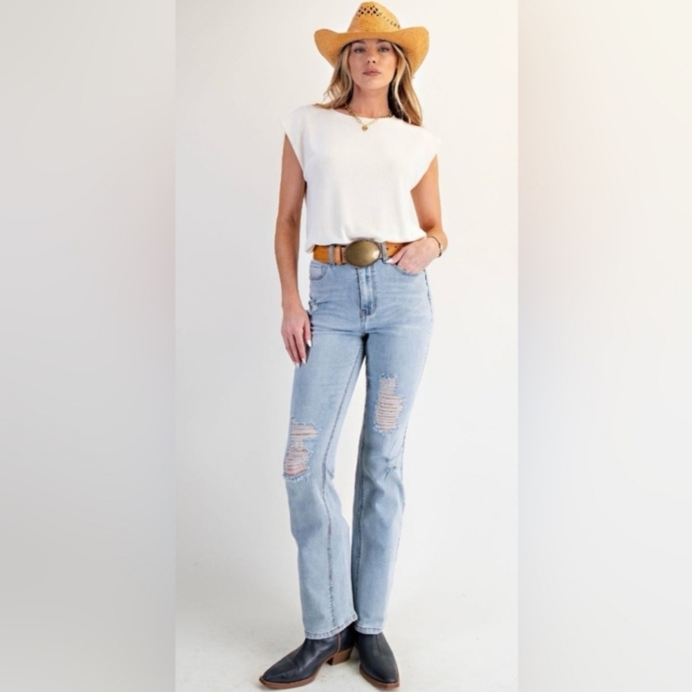 Easel Jeans Denim Classic Blue Distressed Stretch